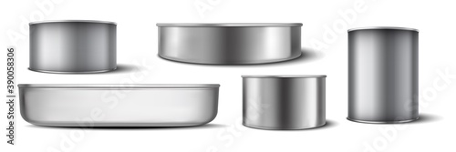 Realistic aluminium cans set. Collectionof realism style drawn metal containers mockups for drinks or beverages. Illustration of different shape and size steel tins bowls for lemonade soda template.