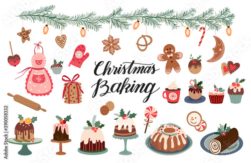Christmas baking, a collection with seasonal winter desserts, muffins, cookies, gingerbread, rolls, hand lettering, vector design