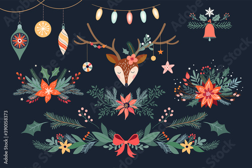 Christmas floral collection with deer, bouquets and garland, winter design