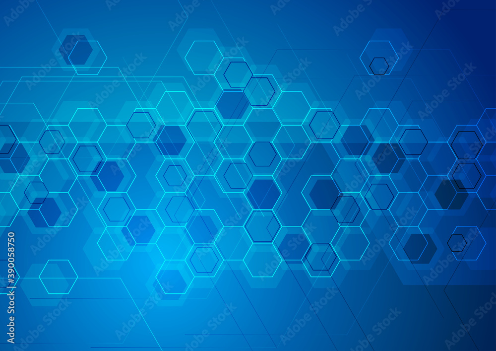 Bright blue abstract tech hexagonal geometrical background. Vector design Bright blue abstract tech hexagonal geometrical background. Vector design