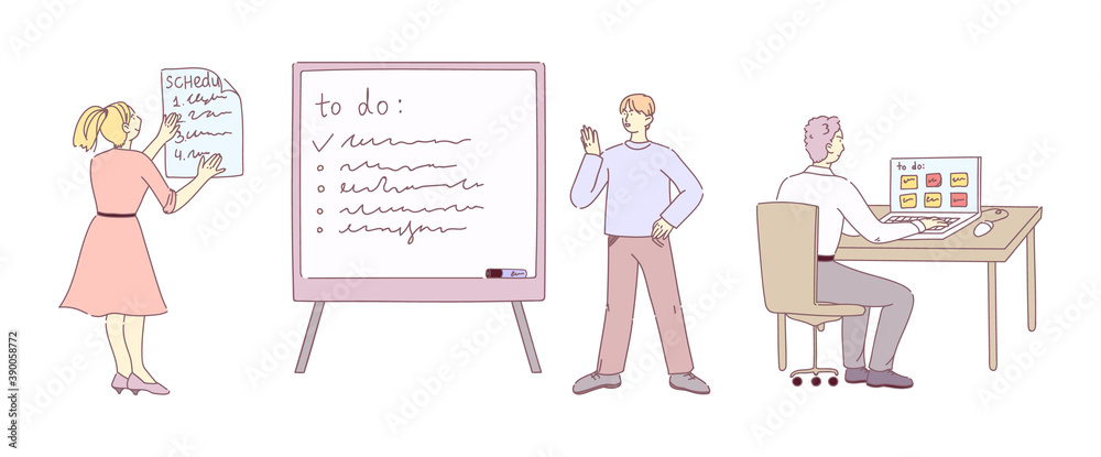 Team members plan and organize teamwork using to-do board and app. Scheduling and track all tasks and projects, planning weekly schedule tasks. Effective time management at work flat cartoon