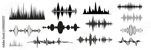 Realistic sound waves set. Collection of audio different frequency radio music signals. Illustration of digital equalizer technologies and pulsing lines or voice recording beats vibrations mockup.