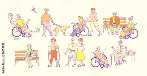 Disabled people with wheelchairs. People on artificial legs, on crutches, blind person with guide dog. Children, elderly with disabilities communicate, play sport, live fulfilling life