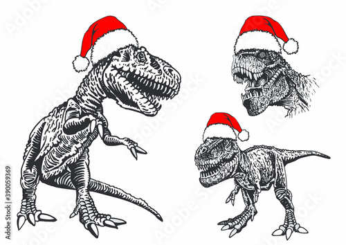 Vector set of dinosaurs in Santa Claus hat isolated on white background new year illustration