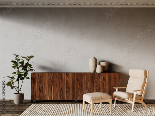 Beige interior with dresser, lounge chair and decor. 3d render illustration mock up.