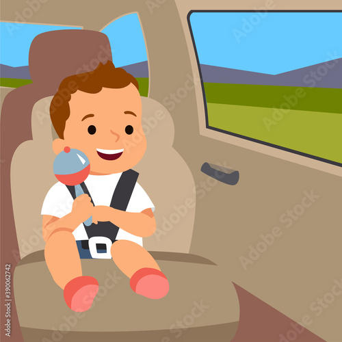 cute baby sitting on the backseat of the car wearing seat belt flat vector illustration