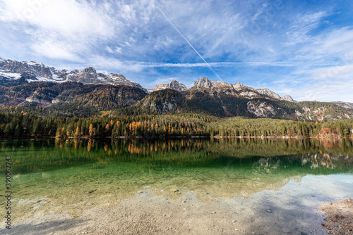 Lago di Tovel (Lake Tovel), small and beautiful lake in Italian Alps, National Park of Adamello Brenta. Trentino Alto Adige, Trento province, Italy, Europe.
