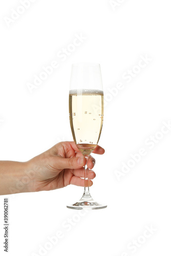 Female hand hold glass of champagne, isolated on white background