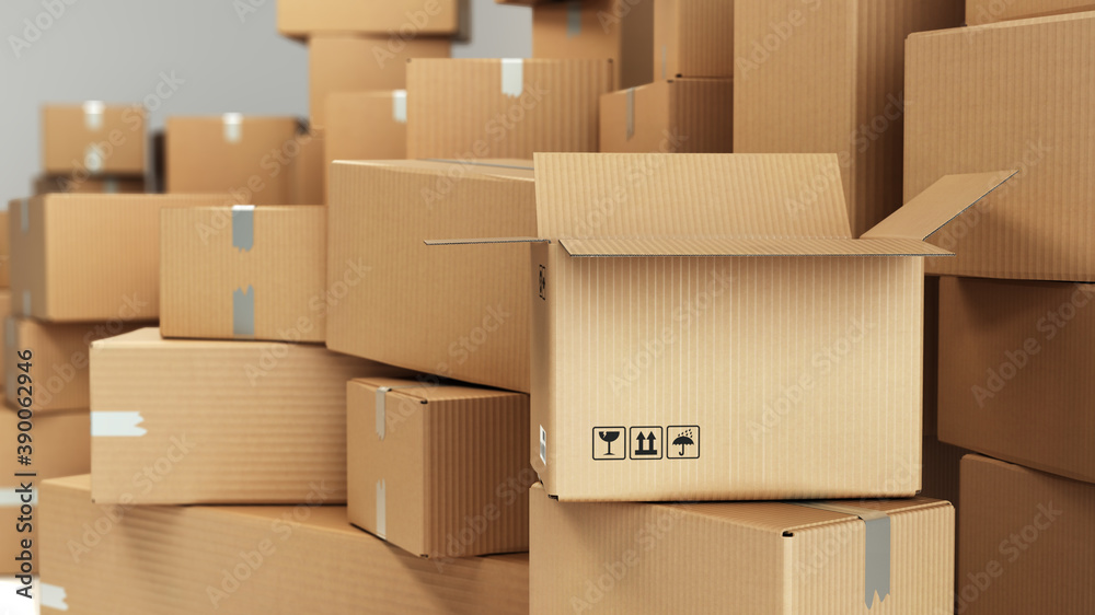 Cardboard boxes on pallet delivery and transportation logistics storage 3d render image