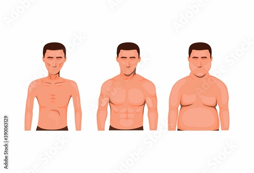 man body type. skinny, fat and muscle. nutrition health symbol icon set concept in cartoon illustration vector