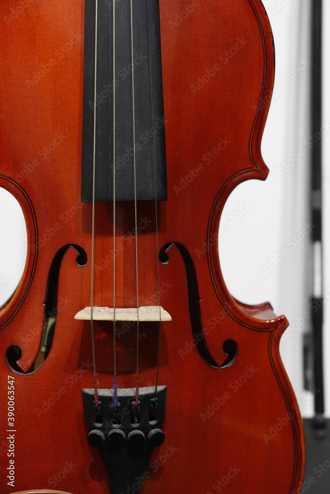 Fotografía de un precioso violín destacado por su color y al fondo su complemento, el arco, que se encuentra desenfocado y en blanco y negro. Fotografía de un precioso violín destacado por su color y al fondo su complemento, el arco, que se encuentra desenfocado y en blanco y negro.