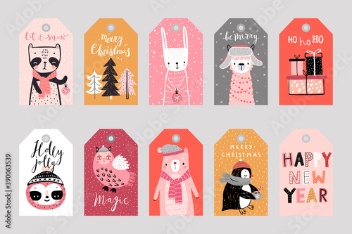 Cute gift tags with woodland animals celebrating Christmas eve, having fun, and handwritten letterings. Funny characters.