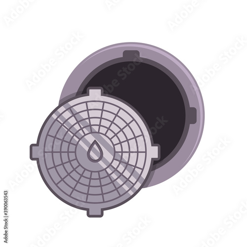 open sewer hatch. repair of pipes with water. flat vector illustration.