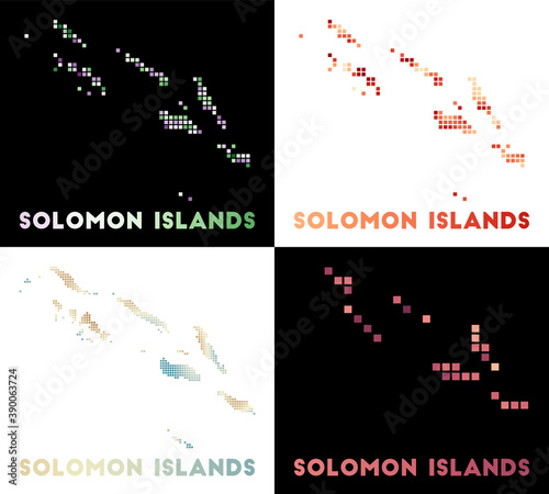 Solomon Islands map. Collection of maps of Solomon Islands in dotted style. Borders of the country filled with rectangles for your design. Vector illustration.