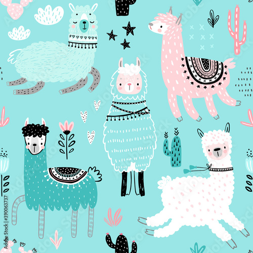 Seamless pattern with Cute Llamas.