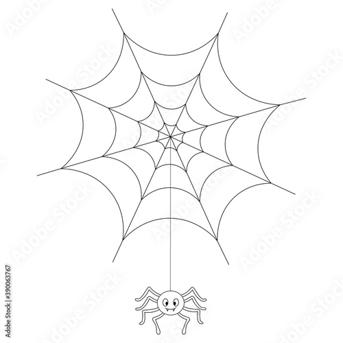 The spider weaves a web. A sticky victim trap. Sketch. Vector illustration. Coloring book for children. Outline on an isolated white background. The insect hangs on a thin thread. Doodle style. 