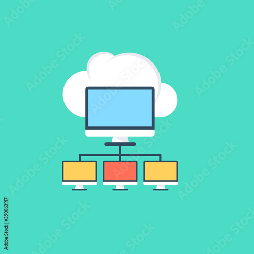 
Different computers linked each other with the image of cloud behind representing the concept of networking
