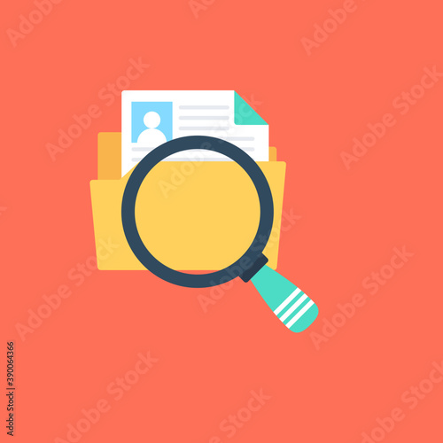 
An icon showing magnifier on a file depicting the concept of a data searching. 
