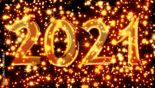 2021 New Year eve background with golden stars and copy space. Abstract holiday backdrop.
