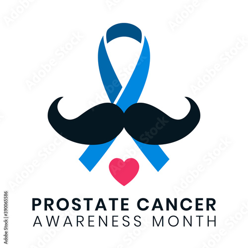 Prostate cancer blue ribbon with mustache in flat style. November awareness month symbol, vector illustration. Concept of prevention oncology and men health
