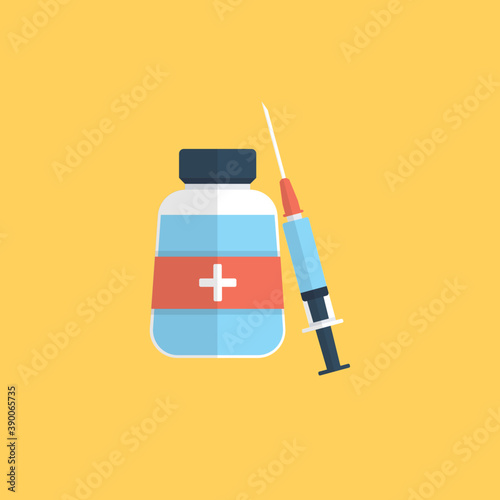
A jar with medicine and injection by side presented as vaccination
