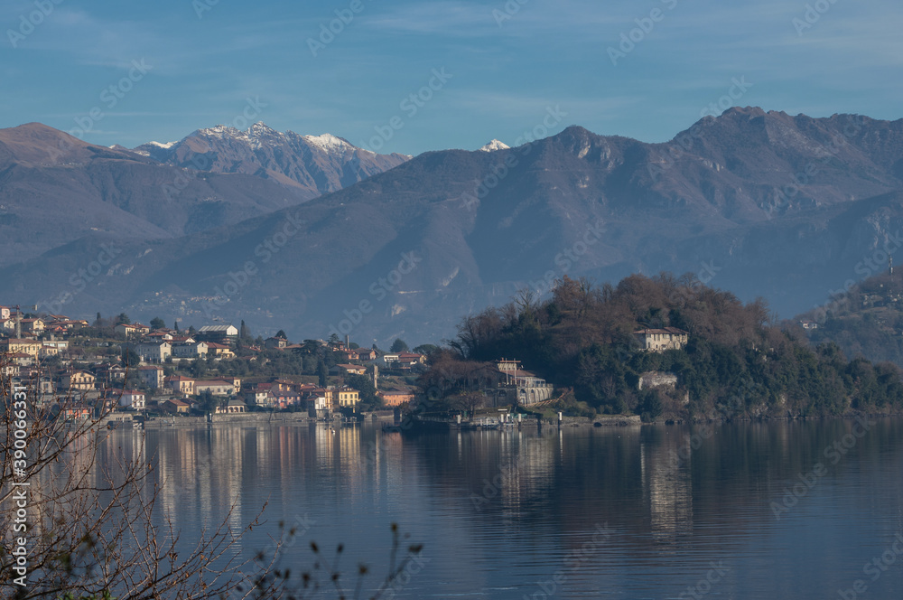 Winter view of Ossuccio and Isola Comacina.Como lake, lombardy, Italy