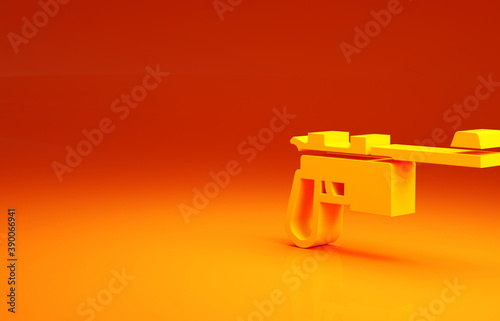 Yellow Mauser gun icon isolated on orange background. Mauser C96 is a semi-automatic pistol. Minimalism concept. 3d illustration 3D render. photo