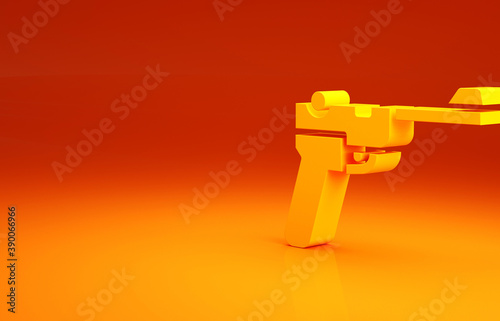 Yellow Mauser gun icon isolated on orange background. Mauser C96 is a semi-automatic pistol. Minimalism concept. 3d illustration 3D render. photo