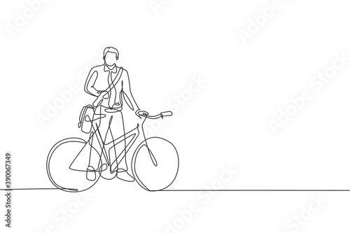 Single continuous line drawing young professional businessman riding bicycle to his company. Bike to work, eco friendly transportation concept. Trendy one line draw design vector graphic illustration
