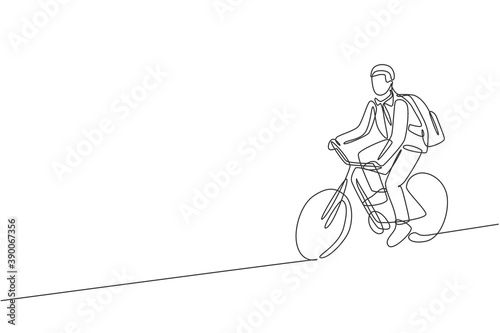 One continuous line drawing of young professional manager man cycling ride bicycle to his office. Healthy working urban lifestyle concept. Dynamic single line draw design graphic vector illustration