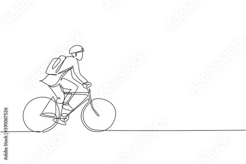 Fototapeta Single continuous line drawing young professional businessman riding bicycle to his company