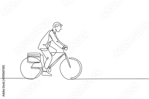 One single line drawing of young happy professional startup employee man ride bicycle to the coworking space vector illustration. Healthy commuter lifestyle concept. Modern continuous line draw design