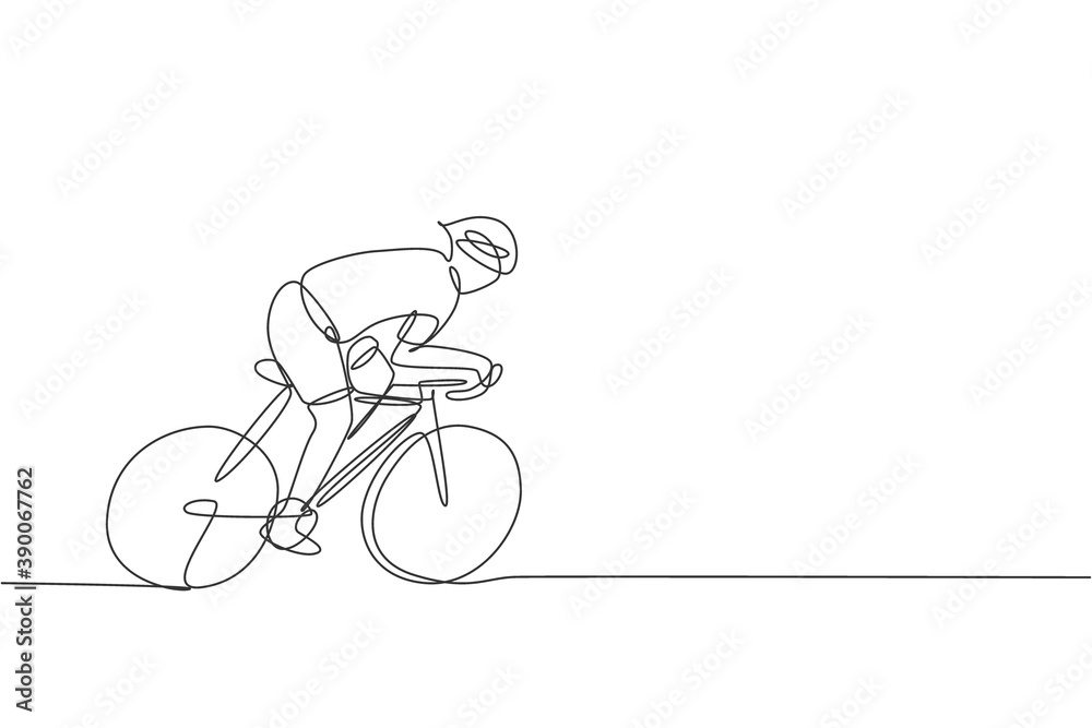 One single line drawing of young energetic man bicycle racer improve his speed at training session vector illustration. Racing cyclist concept. Continuous line draw design for cycling event banner