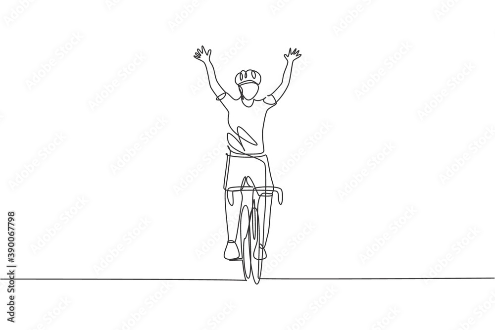 One continuous line drawing of young sporty man bicycle racer cross finish line and raise up his hands. Road cyclist concept. Single line draw design vector illustration for cycling competition poster