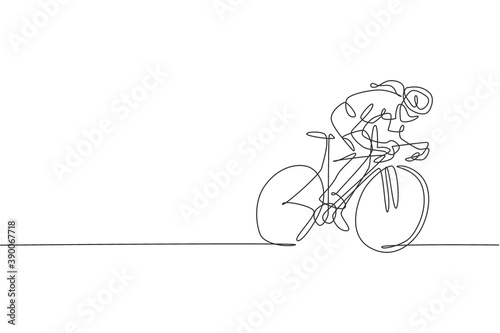 One single line drawing young energetic woman bicycle racer focus train her speed vector graphic illustration. Racing cyclist concept. Modern continuous line draw design for cycling tournament banner