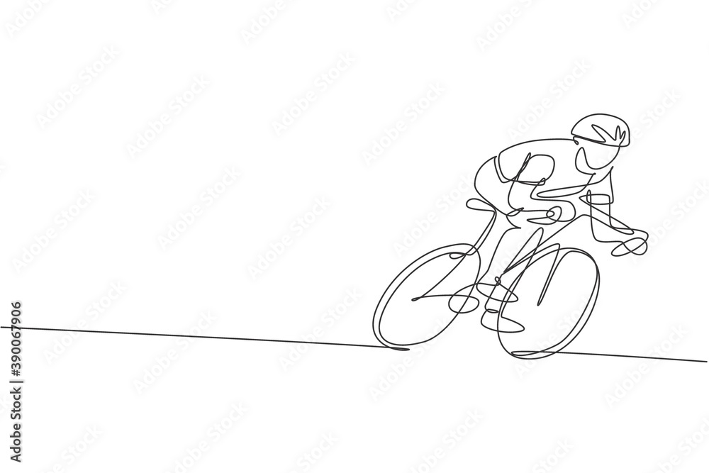 Single continuous line drawing man bicycle racer improve his speed