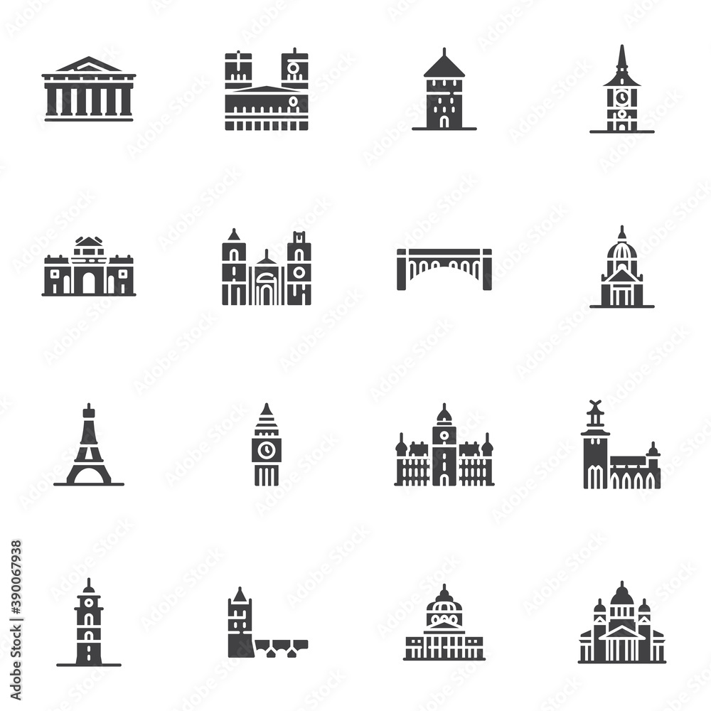 Tourism cities landmarks vector icons set, modern solid symbol collection, filled style pictogram pack. Signs, logo illustration. Set includes icons as European cities landmark, big ben tower, bridge