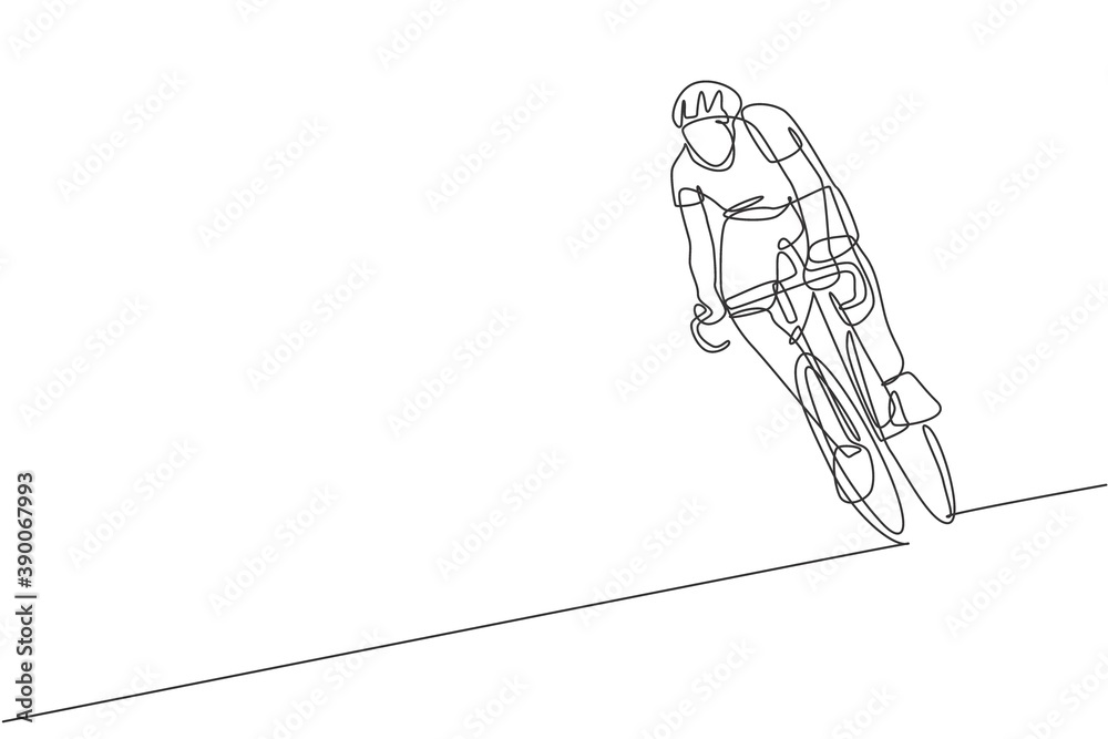 One single line drawing of young energetic man bicycle racer training in the road graphic vector illustration. Racing cyclist concept. Modern continuous line draw design for cycling tournament banner One single line drawing of young energetic man bicycle racer training in the road graphic vector illustration. Racing cyclist concept. Modern continuous line draw design for cycling tournament banner