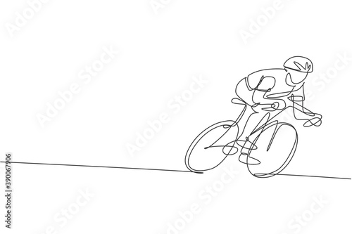 One single line drawing young energetic man bicycle racer focus training his speed vector graphic illustration. Racing cyclist concept. Modern continuous line draw design for cycling tournament banner