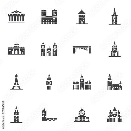 Tourism cities landmarks vector icons set, modern solid symbol collection, filled style pictogram pack. Signs, logo illustration. Set includes icons as European cities landmark, big ben tower, bridge
