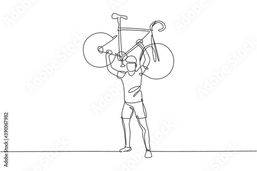 One continuous line drawing young sporty man bicycle racer lift up his light bicycle. Road cyclist concept. Dynamic single line draw design graphic vector illustration for cycling competition poster