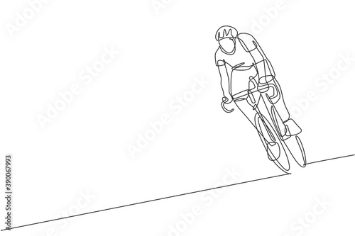 One single line drawing of young energetic man bicycle racer training in the road graphic vector illustration. Racing cyclist concept. Modern continuous line draw design for cycling tournament banner