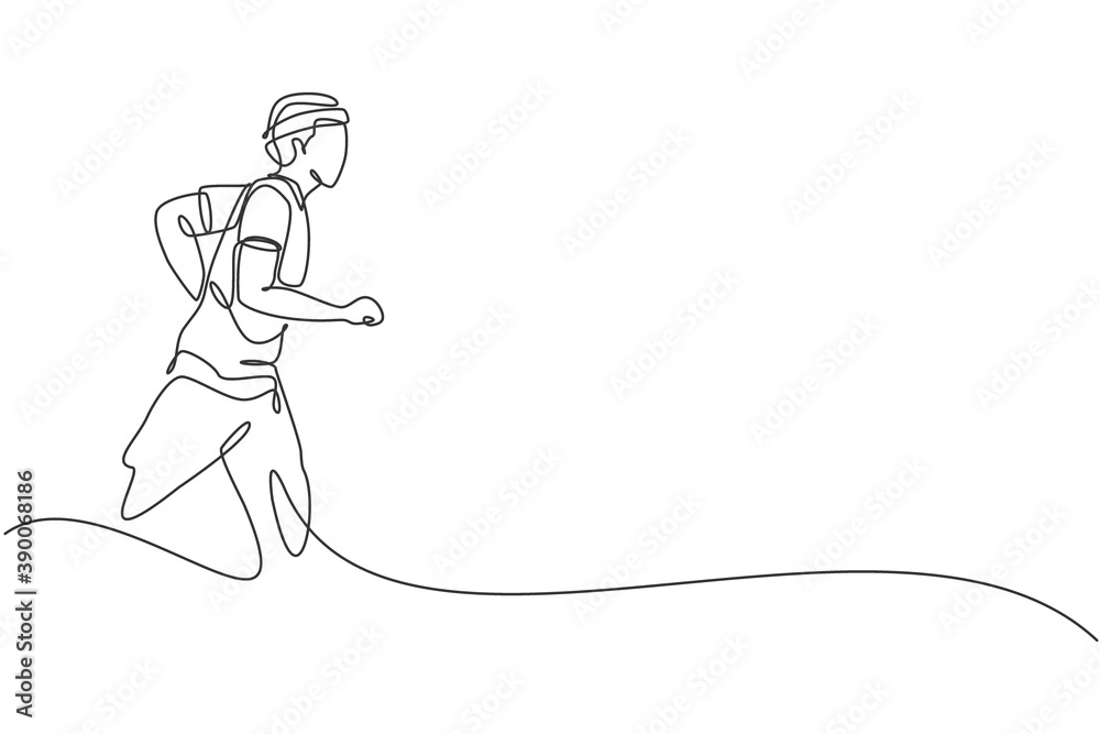One continuous line drawing of young sporty runner man relax running at countryside. Healthy lifestyle and fun jogging sport concept. Dynamic single line draw design graphic vector illustration One continuous line drawing of young sporty runner man relax running at countryside. Healthy lifestyle and fun jogging sport concept. Dynamic single line draw design graphic vector illustration