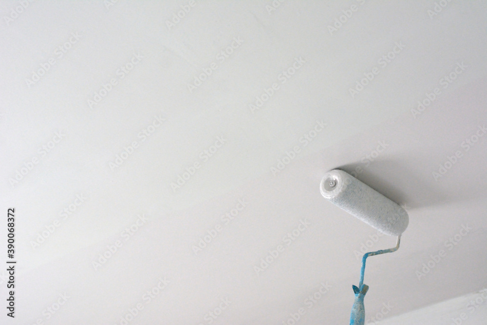 Paint roller on white wall with copy space. Paint roller on white wall with copy space.