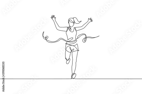 Single continuous line drawing young happy health runner woman running pass finish line at run race. Sport sprint and healthy lifestyle concept. Trendy one line draw graphic design vector illustration