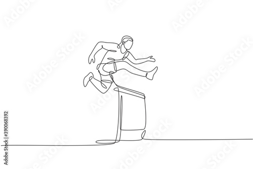 Single continuous line drawing of young happy health runner man jump running through hurdle barrier at run track. Run sport healthy lifestyle concept. Trendy one line draw design vector illustration