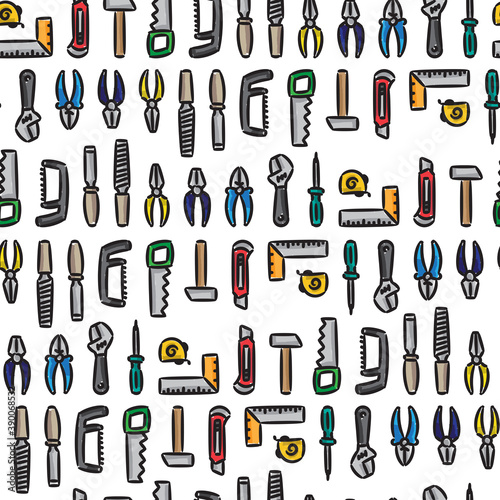 Hand tools vector seamless pattern on white background. Colorful instruments for renovation and working cartoon style concept. Hand tools pattern for print  fabric  texture  wallpaper  wrapping