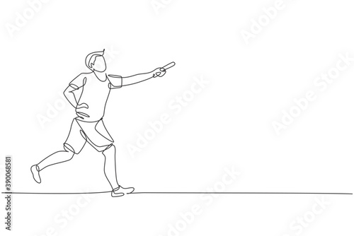 One single line drawing young happy runner man try to pass baton stick to his teammate graphic vector illustration. Healthy lifestyle and competitive sport concept. Modern continuous line draw design