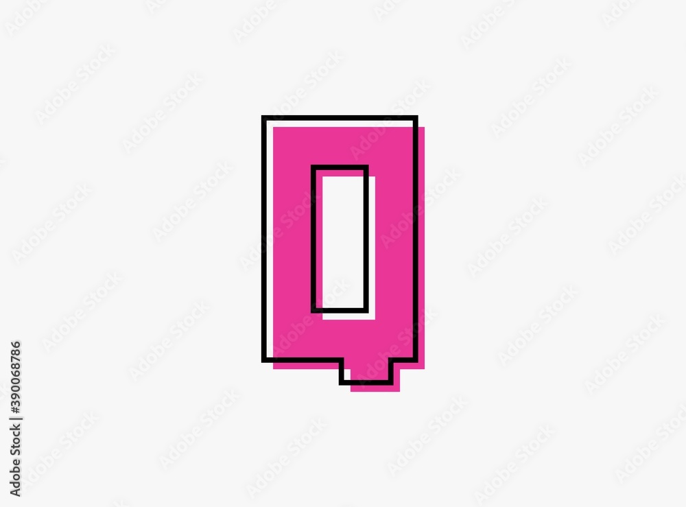 Q font letter made of black frame outline shadow of font pink color. Vector illustration for logo, design element, poster etc.