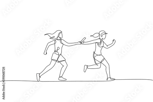 One continuous line drawing young sporty runner women pass baton stick at run race event. Healthy lifestyle and fun jogging sport concept. Dynamic single line draw design vector graphic illustration